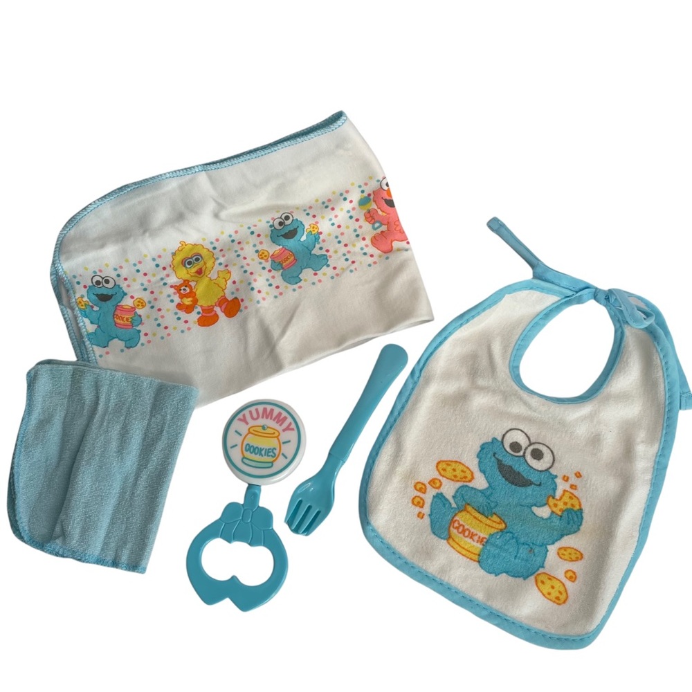 SESAME STREET Bib Burp Cloth Wash Cloth Rattle Utensils Cookie Monster 6 Pc Set